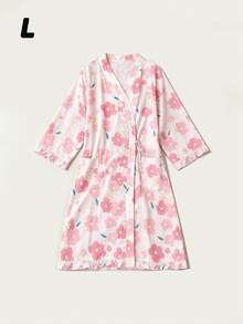 1件可愛兔子花卉印花和服浴袍，短袖V領裹身家居服，附側綁帶與荷葉邊下擺，輕便休閒夏季居家服 M-XXL - 彩色 - 查看 14