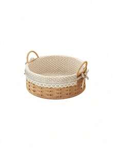 Cirelle Natural Woven Storage Basket With Lace Liner, Round Desktop Organizer Bin With Double Handles, Multi-Purpose Wicker Basket For Snacks, Cosmetics, Sundries, Entryway Storage - default - View 9