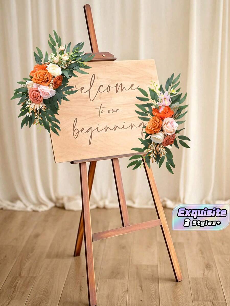 2Pcs Artificial Wedding Arch Flowers Set, Faux Floral Corner Decor For Welcome Sign Party Banner, Birthday Banquet Event Backdrop Greenery Supply - Multicolor - View 1