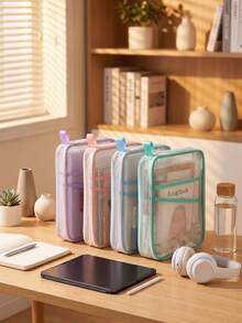 Double Layer Nylon Mesh Organizer Bag, Thickened L-Shaped Document Bag, Light Color Transparent Mesh File Bag, Large Capacity Student Mesh File Storage Bag - Portable Zipper Backpack, With Handle Exam Subject Organizer Bag, Transparent Student - A4 - View 8