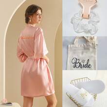 4-Piece Bridal Gift Set: Bridal Morning Robe, Bridal Slippers, And Bridal Canvas Handbag. The Satin Morning Gown Is Suitable For Wearing On The Wedding Day, While The Bridal Slippers Come With A Shoulder Back Makeup Bag - Multicolor - View 10