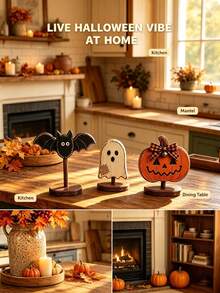 Set Figur Halloween Kayu Lukis Tangan Bergaya Retro, Jack-O-Lantern dengan Pita Kotak-kotak, Kelelawar, Hantu, Hiasan Meja, Dekorasi Pesta Rumah Musim Gugur dan Panen - default - View 5