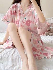 1件可愛兔子花卉印花和服浴袍，短袖V領裹身家居服，附側綁帶與荷葉邊下擺，輕便休閒夏季居家服 M-XXL - 彩色 - 查看 6