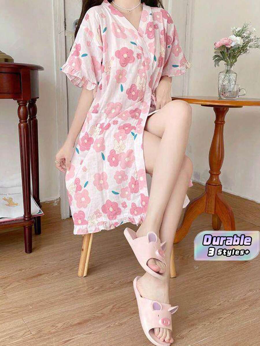 1件可愛兔子花卉印花和服浴袍，短袖V領裹身家居服，附側綁帶與荷葉邊下擺，輕便休閒夏季居家服 M-XXL - 彩色 - 查看 1