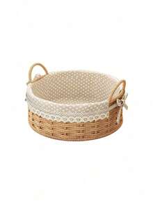 Cirelle Natural Woven Storage Basket With Lace Liner, Round Desktop Organizer Bin With Double Handles, Multi-Purpose Wicker Basket For Snacks, Cosmetics, Sundries, Entryway Storage - default - View 10