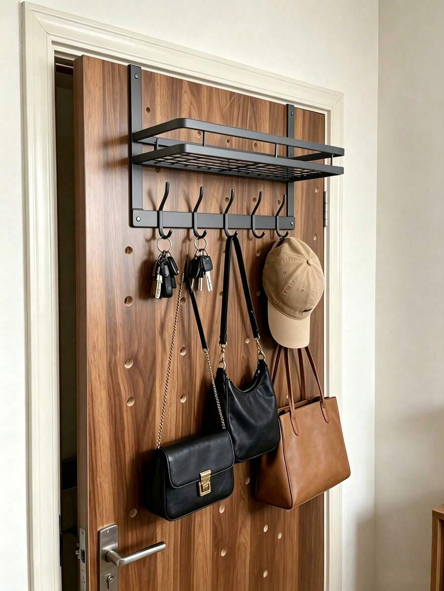 Hanging Door Storage Shelf, Easy To Install, Stylish Side Door Storage Rack, Suspended Storage Rack With Hooks - No Damage Installation, Multi-Functional Metal Hooks, Can Store Coats And Hats, Side Door Storage Rack For Bedroom, Easy To Install - Multicolor - View 1