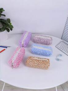 Sweet And Edgy Plush Leopard-Print Pen Case, High-End Appearance, Ultra-Soft Makeup Bag, Student Stationery Box, Large Capacity Storage Bag. - multicolor - View 12