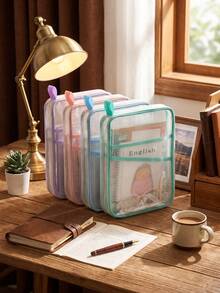 Double Layer Nylon Mesh Organizer Bag, Thickened L-Shaped Document Bag, Light Color Transparent Mesh File Bag, Large Capacity Student Mesh File Storage Bag - Portable Zipper Backpack, With Handle Exam Subject Organizer Bag, Transparent Student - A4 - View 11