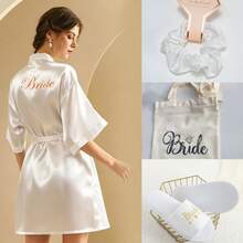 4-Piece Bridal Gift Set: Bridal Morning Robe, Bridal Slippers, And Bridal Canvas Handbag. The Satin Morning Gown Is Suitable For Wearing On The Wedding Day, While The Bridal Slippers Come With A Shoulder Back Makeup Bag - Multicolor - View 9