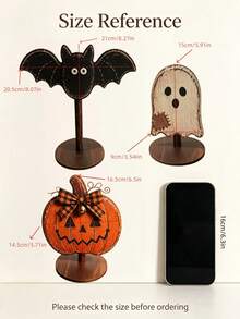 Set Figur Halloween Kayu Lukis Tangan Bergaya Retro, Jack-O-Lantern dengan Pita Kotak-kotak, Kelelawar, Hantu, Hiasan Meja, Dekorasi Pesta Rumah Musim Gugur dan Panen - default - View 2