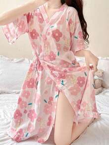 1件可愛兔子花卉印花和服浴袍，短袖V領裹身家居服，附側綁帶與荷葉邊下擺，輕便休閒夏季居家服 M-XXL - 彩色 - 查看 8