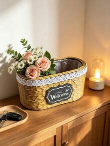 Oval Hand Woven Straw Plant Basket, Natural Rattan Succulent Flower Pot, Desktop Storage Organizer Basket, Boho Indoor Small Planter Container For Home Table Decor - Multicolor - View 9