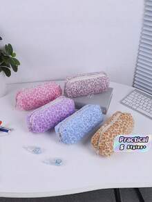 Sweet And Edgy Plush Leopard-Print Pen Case, High-End Appearance, Ultra-Soft Makeup Bag, Student Stationery Box, Large Capacity Storage Bag. - multicolor - View 1