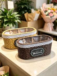 Oval Hand Woven Straw Plant Basket, Natural Rattan Succulent Flower Pot, Desktop Storage Organizer Basket, Boho Indoor Small Planter Container For Home Table Decor - Multicolor - View 2