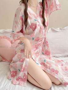 1件可愛兔子花卉印花和服浴袍，短袖V領裹身家居服，附側綁帶與荷葉邊下擺，輕便休閒夏季居家服 M-XXL - 彩色 - 查看 9