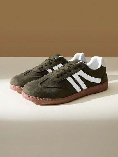 CUCCOO EASI Colorblock White Stripe, Rounded Toe Beige Heel, Retro Rubber Sole Breathable Sports Sneakers