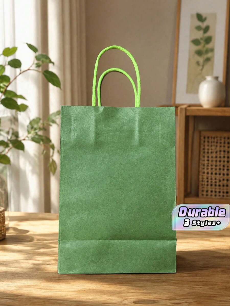 純色牛皮紙禮品袋 附扭繩手提把,多款糖果色便攜購物手提袋,外帶包裝手提袋,適用生日、婚禮、派對、零售商品包裝 - 深綠色20pcs - 查看 1