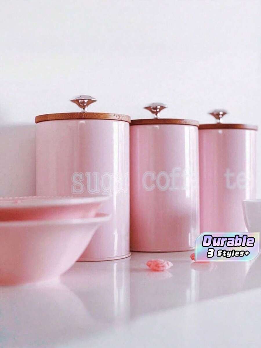 3pcs/Set Storage Tanks Dust-Proof Bamboo Cover Utensils Multifunction Box Tea Coffee Sugar Box Case Househould Can Bottle Mason Candle Jars With Lid Pink Tea Accessories Coffee Accessories Kitchen Stuff - one size fits all - View 1