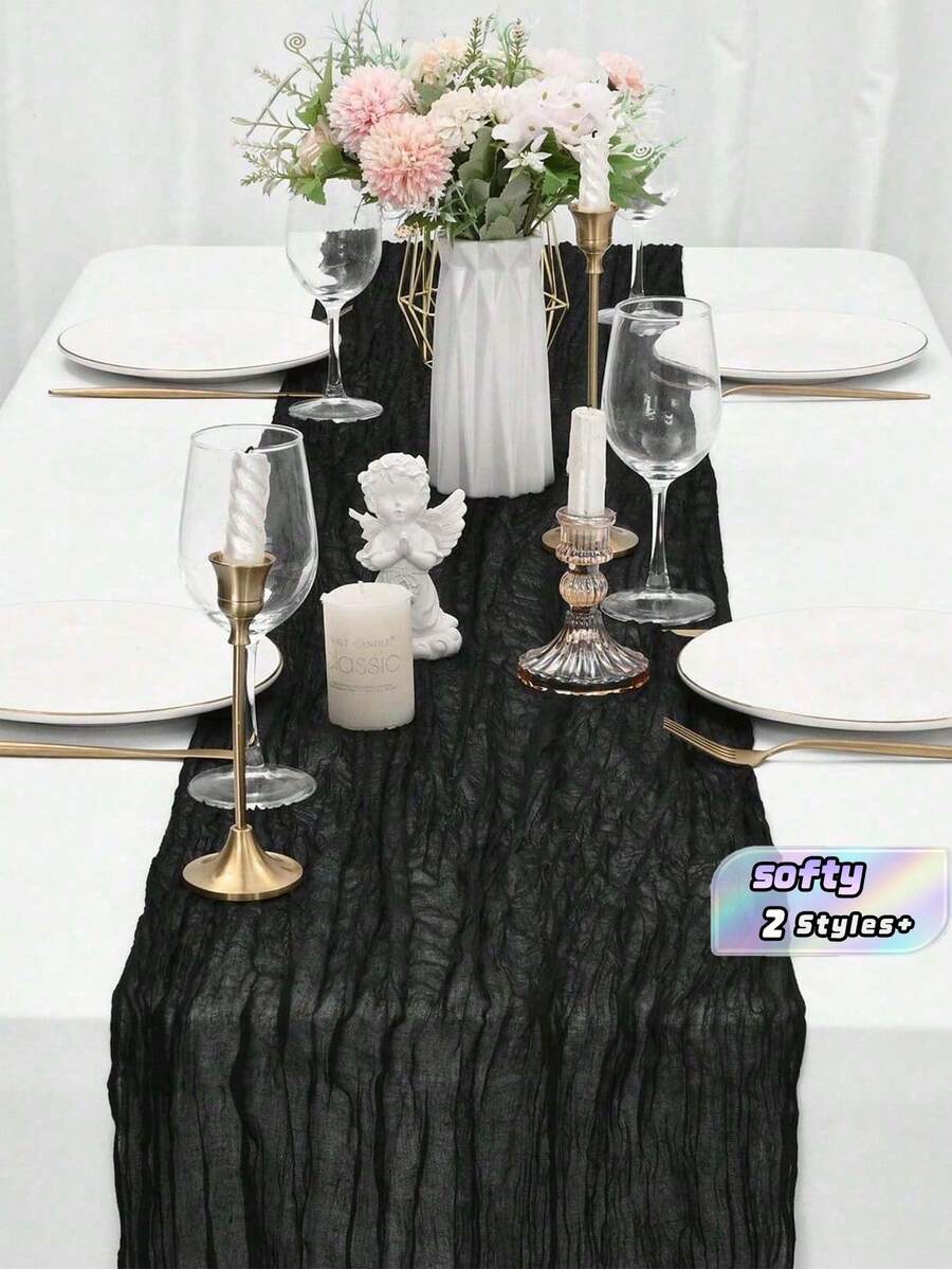 1/2/5 Packs Polyester Black Gauze Pleated Table Runner For Holiday Graduation, Birthday Party Decoration, Wedding Supplies, Holiday Home Party Room Table Decoration, Party, - black - View 1