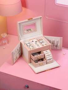 1PC Large Capacity Jewelry Box With Mirror Layered Dividers Portable Mirror Box Case Earring Ring Necklace Bracelet Storage Holder Organizer For Home Bedroom Dressing Table Vanity Organizer Gift - View 9