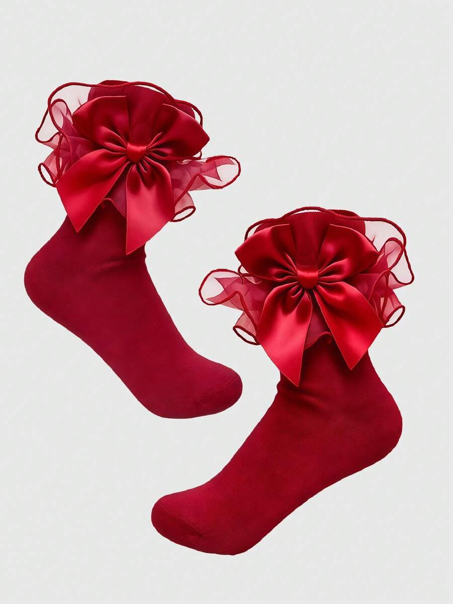 ROMWE Kawaii Women's Contrast Mesh Ruffle Trim Mid-Calf Socks - Big red A68 - View 1
