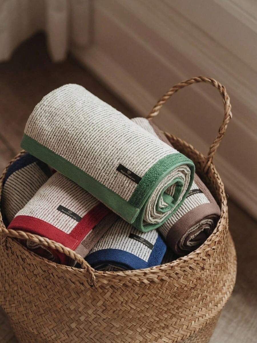 Cirelle 1pc Soft Cotton Striped Hand Towel, Highly Absorbent Ribbed Face Towel With Contrast Color Border, Quick Dry Decorative Bath Towels For Bathroom, Gym, Travel & Daily Care - Multicolor - View 1