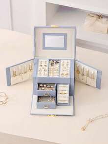 1PC Large Capacity Jewelry Box With Mirror Layered Dividers Portable Mirror Box Case Earring Ring Necklace Bracelet Storage Holder Organizer For Home Bedroom Dressing Table Vanity Organizer Gift - View 10