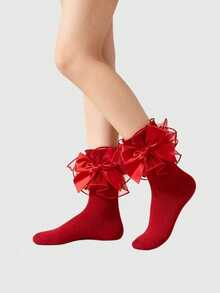 ROMWE Kawaii Women's Contrast Mesh Ruffle Trim Mid-Calf Socks - Big red A68 - View 5