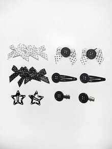 ROMWE Anime 10 Random Adult Black And White Polka Dot Hairpins, Retro Bow Star Button Hairpin Combination, Versatile Hair Accessories - Black and white polka dot button - View 1