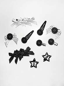 ROMWE Anime 10 Random Adult Black And White Polka Dot Hairpins, Retro Bow Star Button Hairpin Combination, Versatile Hair Accessories - Black and white polka dot button - View 2