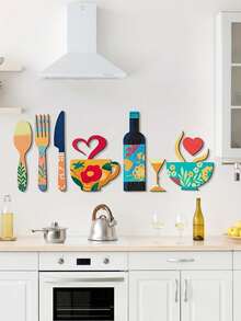 8PCS Creative Rustic Wooden Wall Art Hanging Set Fork Coffee Cup Wine Glass Shape Kitchen Cafe Restaurant Bar Wall Sign Home Decor Housewarming Halloween Christmas Gift Must Haves - multicolor - View 13