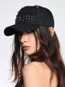 ROMWE Grunge Punk 1 Piece Punk Style Black Solid Color Baseball Cap, Retro Rivet Cap, Daily Casual Versatile Hat - Rivet black - View 3