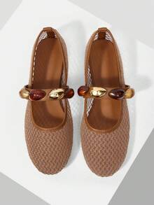 MOTF PREMIUM RETRO BROWN MESH KNIT MARY JANE SHOES, ROUND TOE SOFT SOLE DAILY WALKING FLAT PUMPS FOR WOMEN FALL SHOES - Camel - View 1