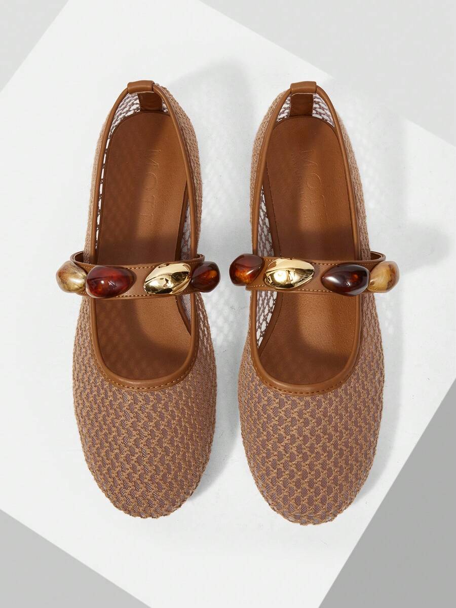 MOTF PREMIUM RETRO BROWN MESH KNIT MARY JANE SHOES, ROUND TOE SOFT SOLE DAILY WALKING FLAT PUMPS FOR WOMEN FALL SHOES - Camel - View 1