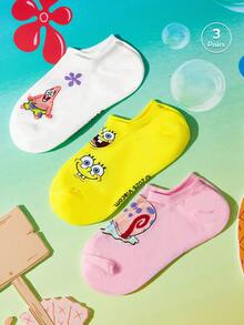 SpongeBob SquarePants | SHEIN 3雙女款透氣柔軟隱形船襪，襪頭與腳跟加強耐磨，四季可穿 - 彩色 - 查看 4
