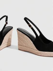 CUCCOO SZL Spring/Summer Buckle Design Pointed Toe Straw Woven Wedge Heel Retro Style Black Backless High Heel Sandals For Vacation And Commuting Fall Shoes - Black fleece - View 5