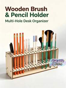 Wooden Pen Holder & Brush Organizer, Multi-Hole Desk Storage Rack, Ideal For Paintbrushes, Pencils And Makeup Brushes - Multicolor - View 1
