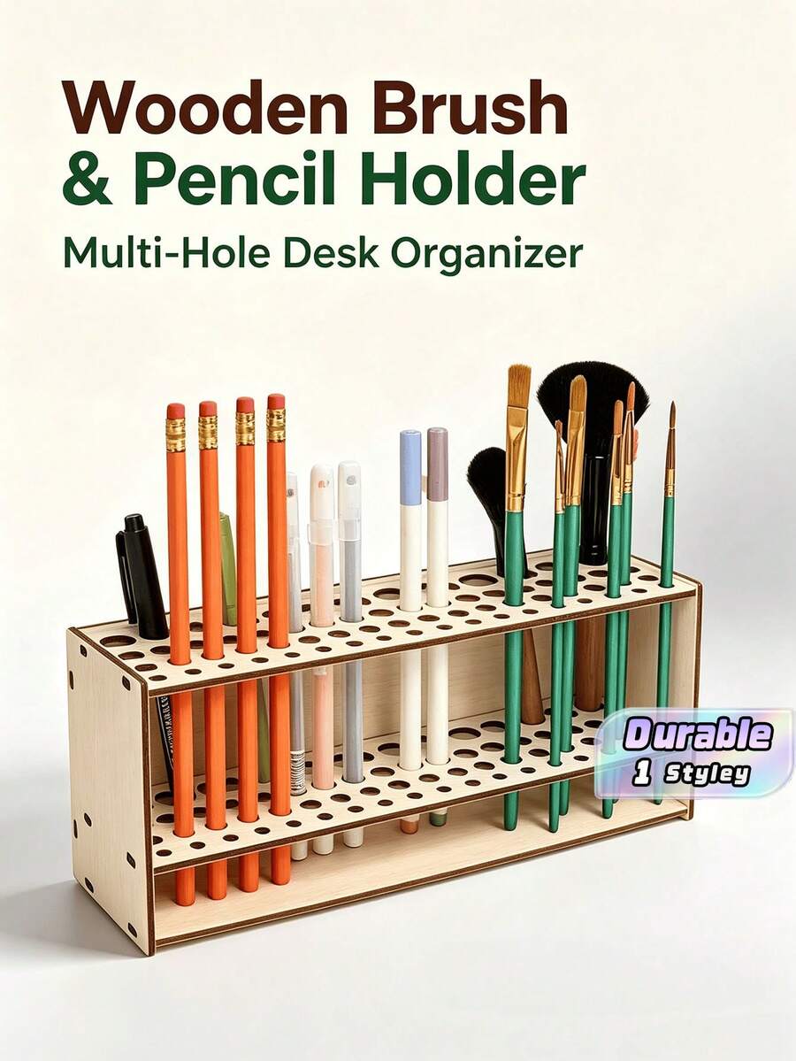 Wooden Pen Holder & Brush Organizer, Multi-Hole Desk Storage Rack, Ideal For Paintbrushes, Pencils And Makeup Brushes - Multicolor - View 1