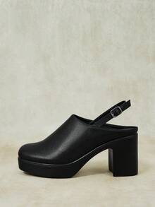 Styleloop Outdoor Women's Square Toe Pu Bottom Fleece Fabric, Fashionable, Simple, Breathable And Comfortable Party Buckle Style, Exposed Heel Shoes - PU black - View 1