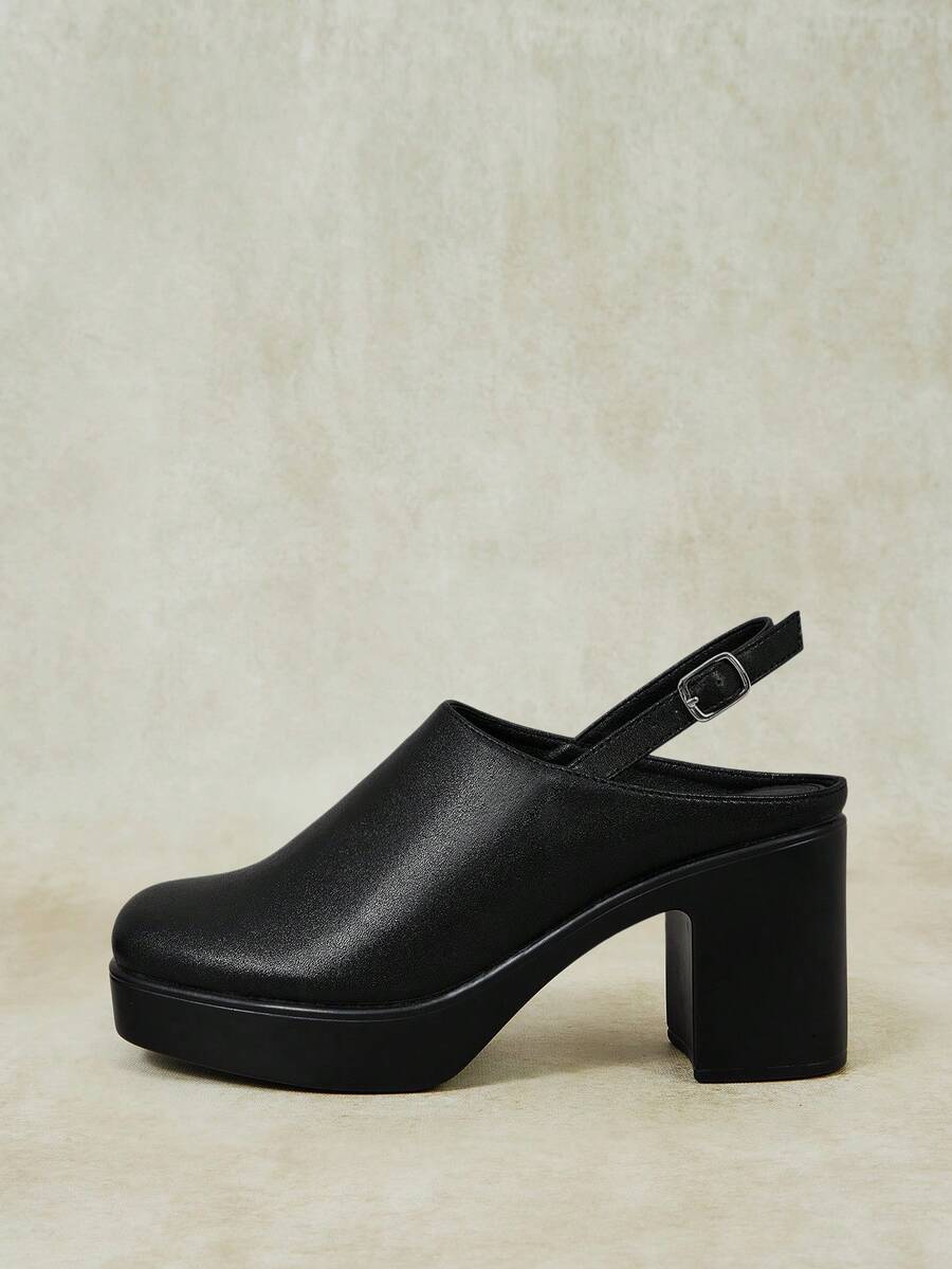 Styleloop Outdoor Women's Square Toe Pu Bottom Fleece Fabric, Fashionable, Simple, Breathable And Comfortable Party Buckle Style, Exposed Heel Shoes - PU black - View 1