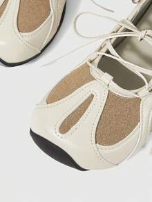 ROMWE Grunge Punk Ladies Ballet Flats Lace-Up Soft-Sole Loafers Mary Jane Shoes JK Uniform Shoes Platform Heels Back To School Christmas Fall Shoes - Beige belt - View 2