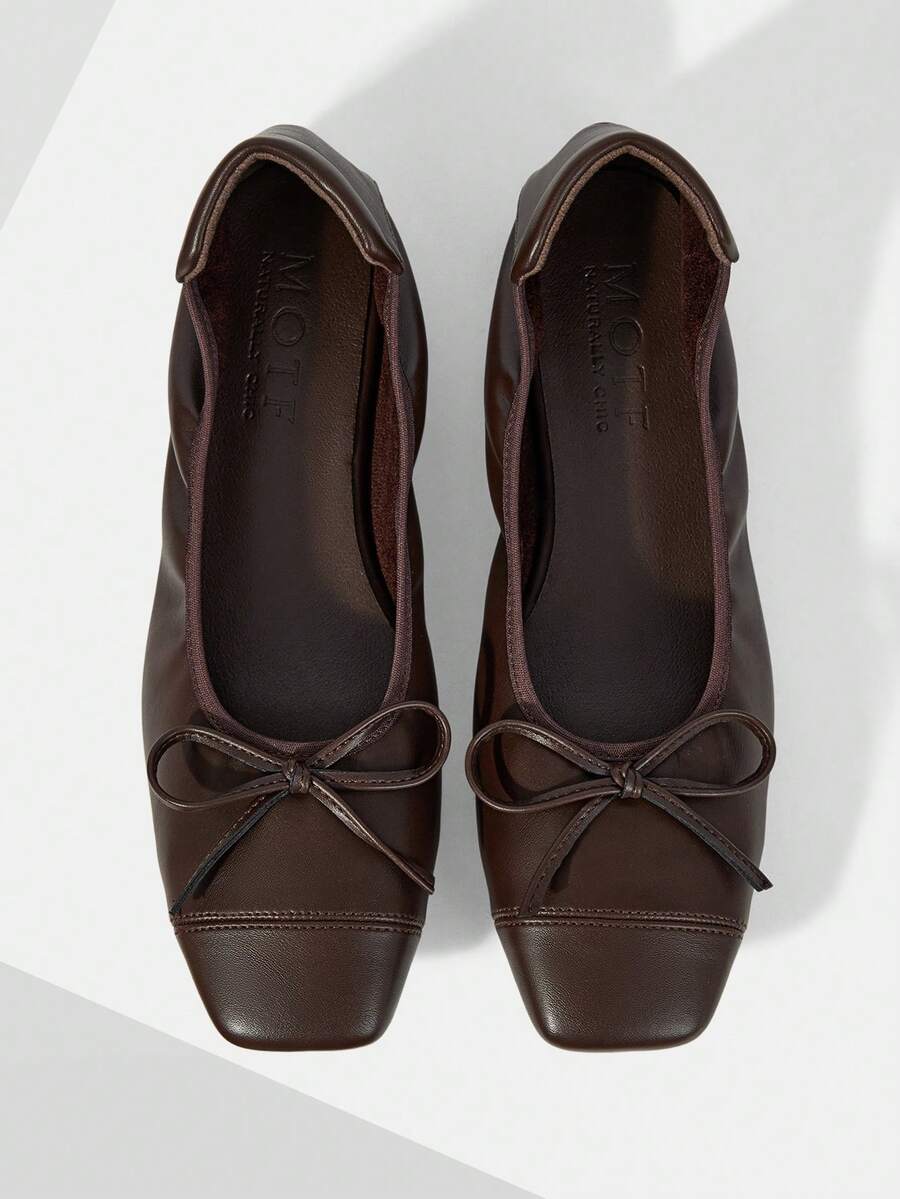 MOTF WOMEN'S BROWN LEATHER BOW BALLET FLATS, SOFT SQUARE TOE SLIP-ON FLAT SHOES FOR DAILY & OFFICE FALL SHOES - Coffee Brown - View 1