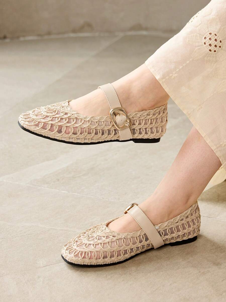 MOTF WOMEN BALLET FLATS WOVEN RAFFIA WITH GOLDEN BUCKLE FALL SHOES - Apricot - View 2