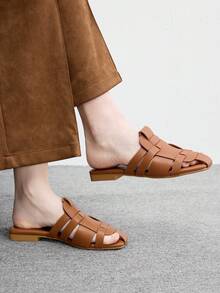 CUCCOO BIZCHIC Women's Shoes, Brown, Woven Upper, Thick Heel, Low Heel Sandals, Suitable For Commuting Office Wear - Brown - View 1