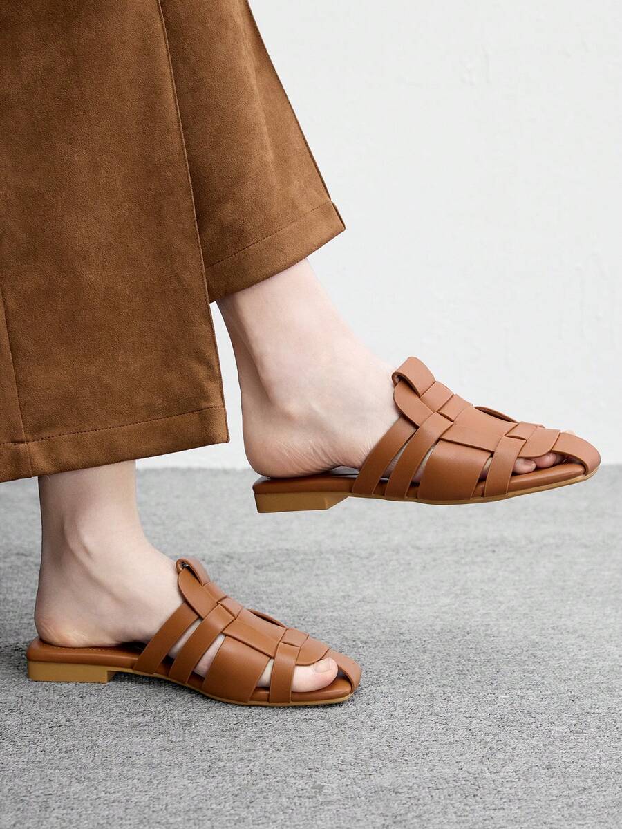 CUCCOO BIZCHIC Women's Shoes, Brown, Woven Upper, Thick Heel, Low Heel Sandals, Suitable For Commuting Office Wear - Brown - View 1