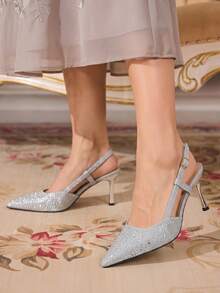 CUCCOO TILAWA Women's Fashion Rhinestone Decor High Heel Party Shoes Spring Shoes Spring Break Easter Prom Heels For Christmas Valentine's Day - Silver - View 9