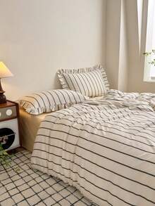 Cirelle 3pcs Ruffled Striped Duvet Cover Set - Soft Polyester Black And White Vertical Striped Bedding Set, Cottagecore Quilt Cover With Ruffle Fringe Trim (Duvet Cover No Ruffles, No Insert) - sunset - View 5