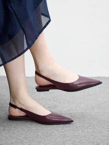 CUCCOO BIZCHIC 女款尖頭極簡風酒紅色後扣式slingback平底鞋，百搭輕量舒適日常通勤上班鞋 - 深酒紅色 - 查看 1