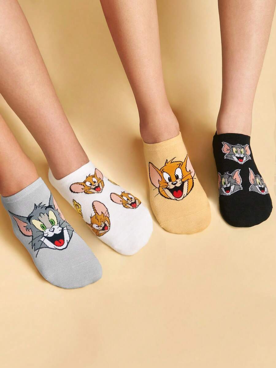 TOM & JERRY X SHEIN 趣味女款船襪 4雙裝 - 混色 - 查看 1