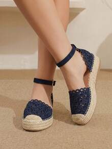 Styleloop Ladies Flat Bottom Round Toe Electric Embroidery Flower Hemp Rope Beach Leisure Holiday Sandals Summer Shoes Fall Shoes - Navy Blue - View 2